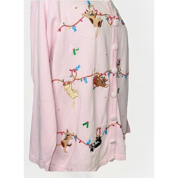 Quacker Factory LG Pink Playful Cat Christmas Light Holiday Sweater Cardigan Top - Picture 4 of 9